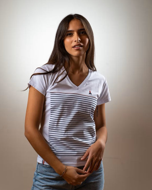 T-shirt Femme Marinière col V - Coton Bio
